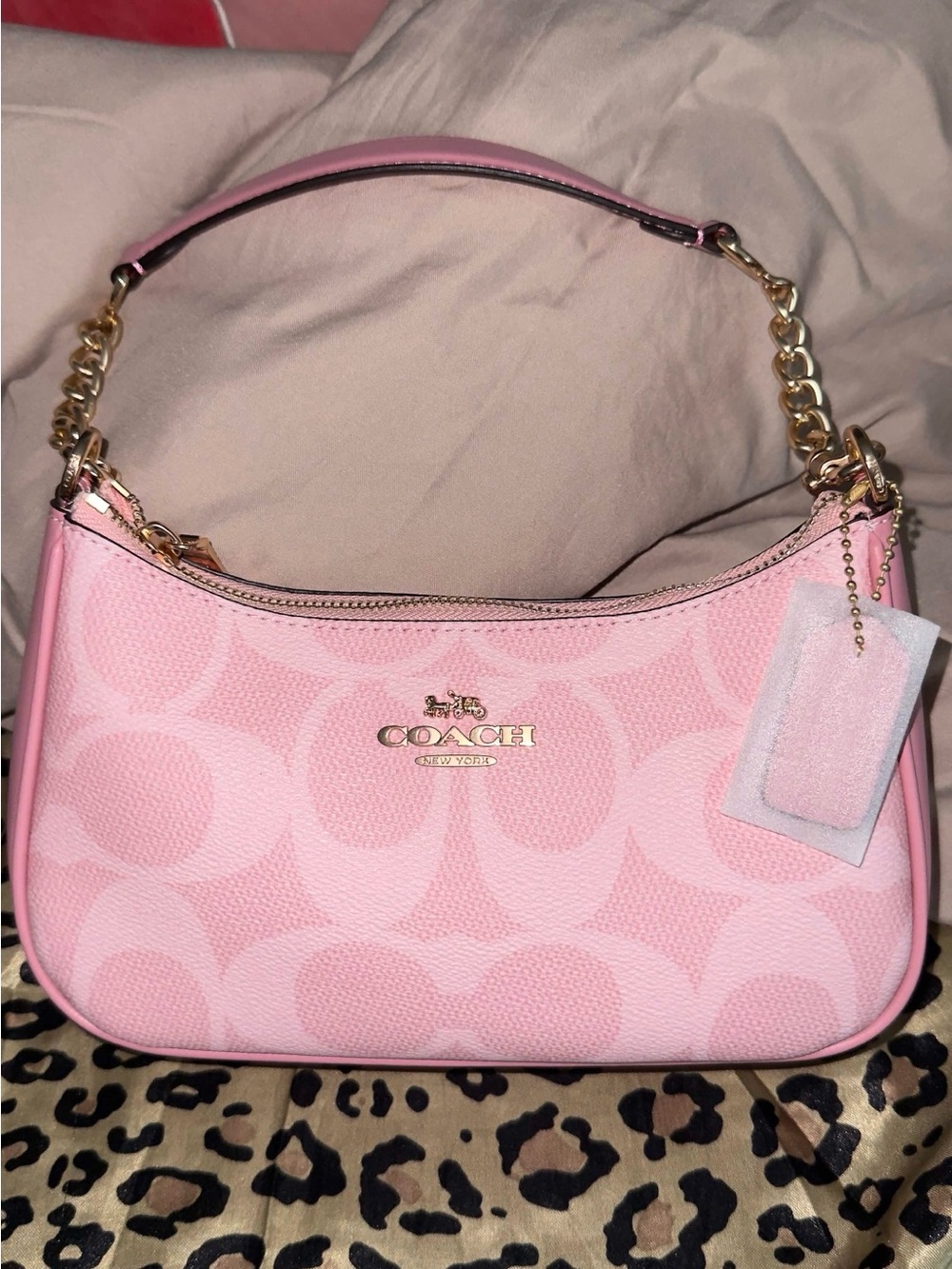 COACH Pink Teri Signature Crescent Shoulder Bag with Gold Hardware